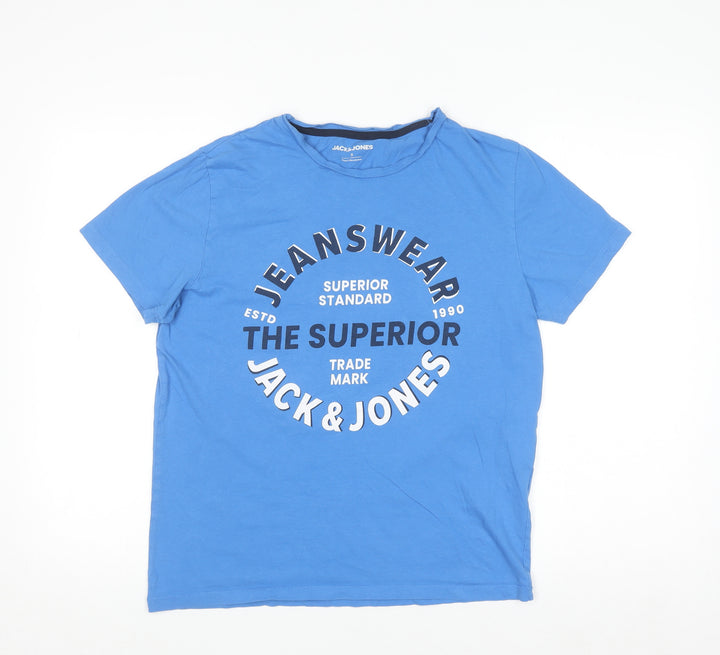 Jack & Jones Men's Blue Graphic Print Crew Neck T-Shirt Size S