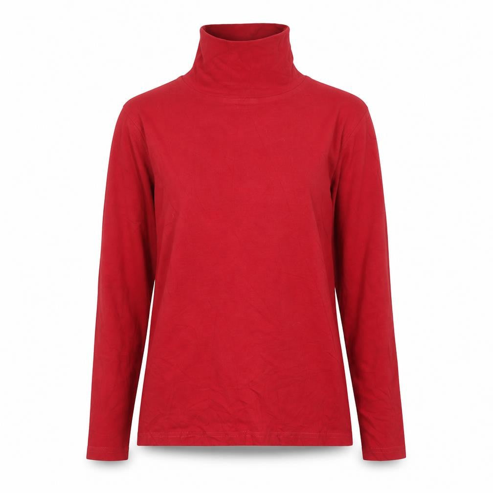 Front view of Isle Essentials Women's Red Roll Neck Long Sleeve Cotton Top, size S