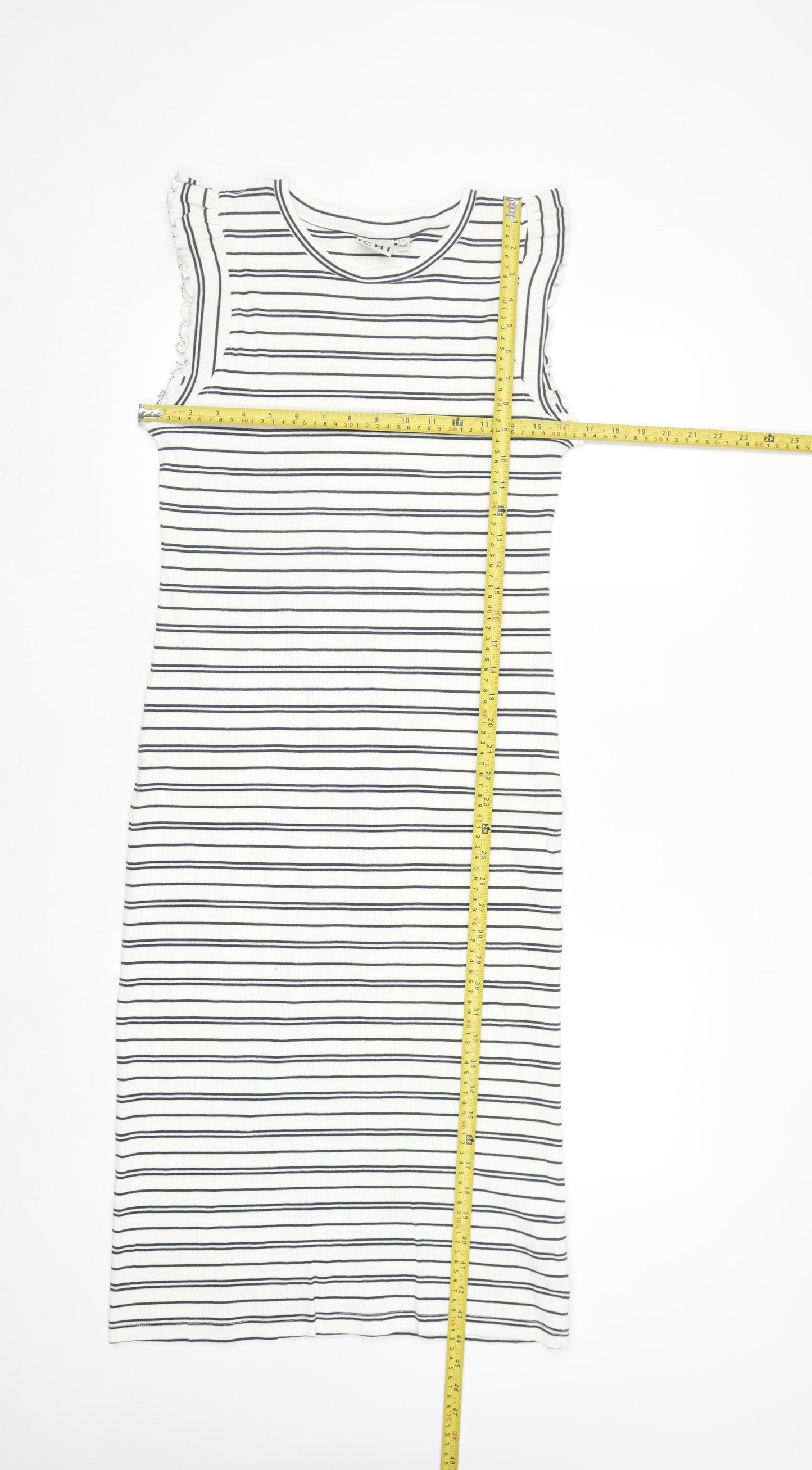 ICHI Women’s White Striped Sleeveless Midi Bodycon Dress Size S