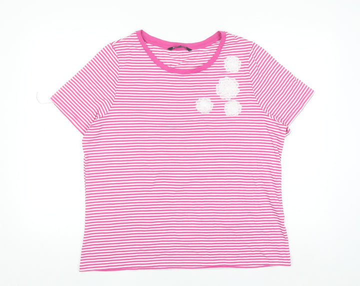 Bonmarché Women Pink Striped Embroidered Short Sleeve T-Shirt Size 18