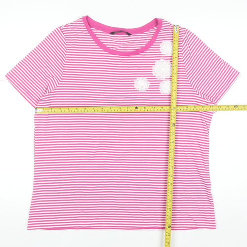 Bonmarché Women Pink Striped Embroidered Short Sleeve T-Shirt Size 18