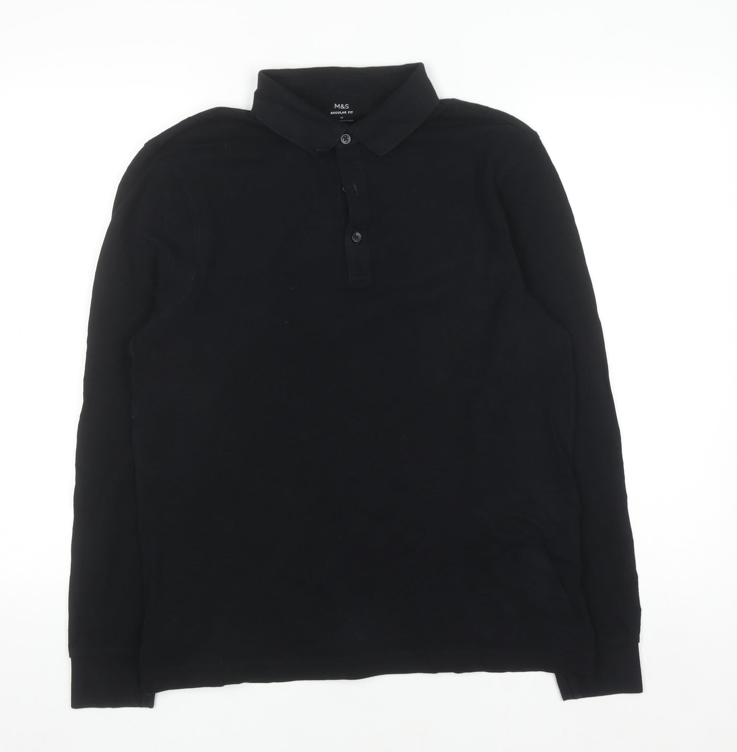 Marks and Spencer Men's Black Long Sleeve Cotton Polo Shirt Size M Regular Fit