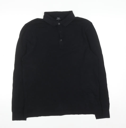 Marks and Spencer Men's Black Long Sleeve Cotton Polo Shirt Size M Regular Fit