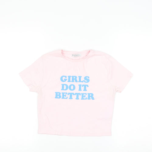 Stradivarius Women Pink Cropped T-Shirt Size 12 Cotton Blend