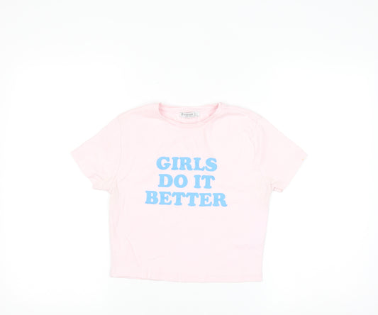 Stradivarius Women Pink Cropped T-Shirt Size 12 Cotton Blend