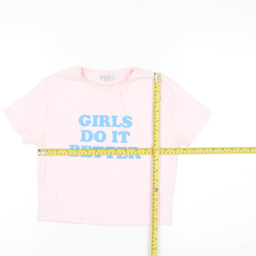 Stradivarius Women Pink Cropped T-Shirt Size 12 Cotton Blend