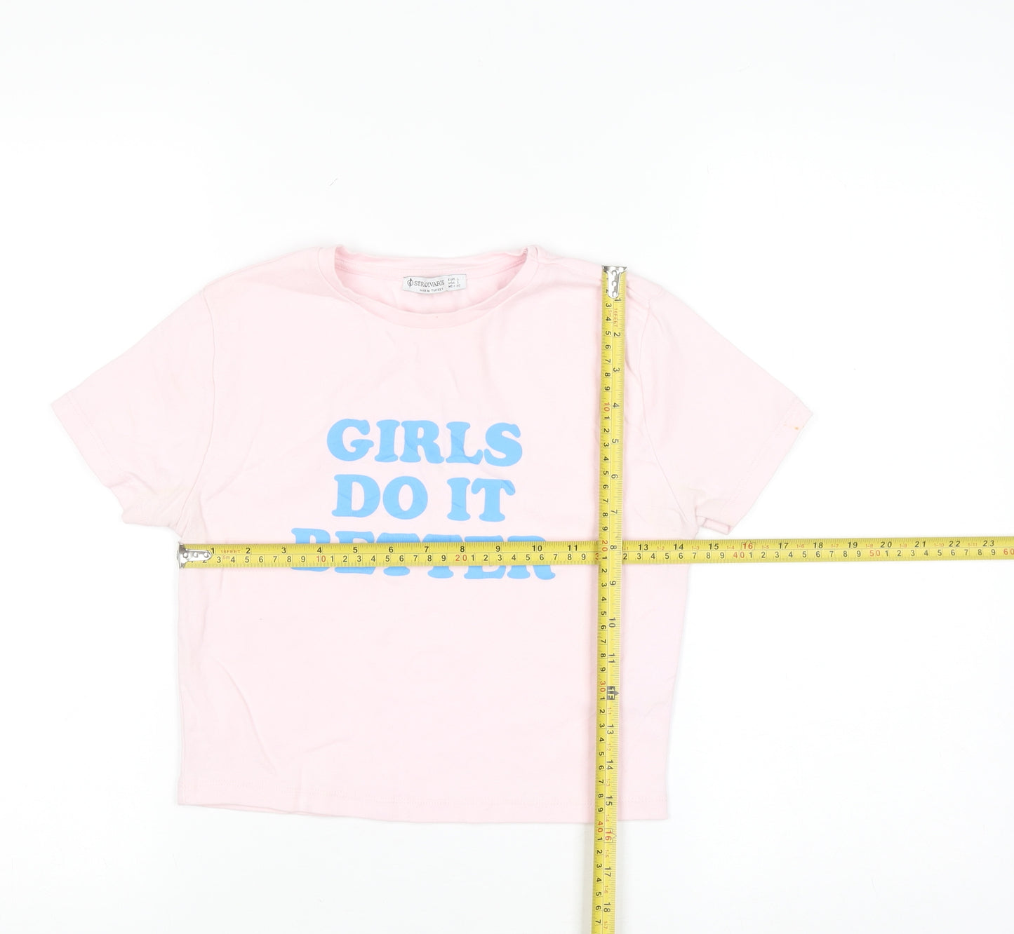 Stradivarius Women Pink Cropped T-Shirt Size 12 Cotton Blend