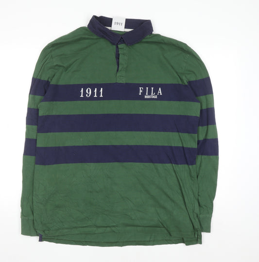 Fila Heritage Men's Green Striped Long Sleeve Polo Shirt XL