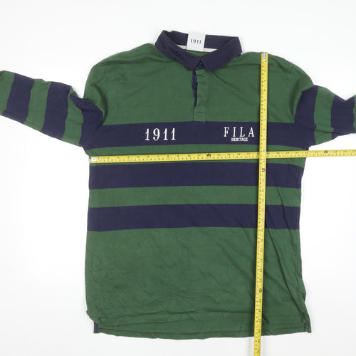 Fila Heritage Men's Green Striped Long Sleeve Polo Shirt XL