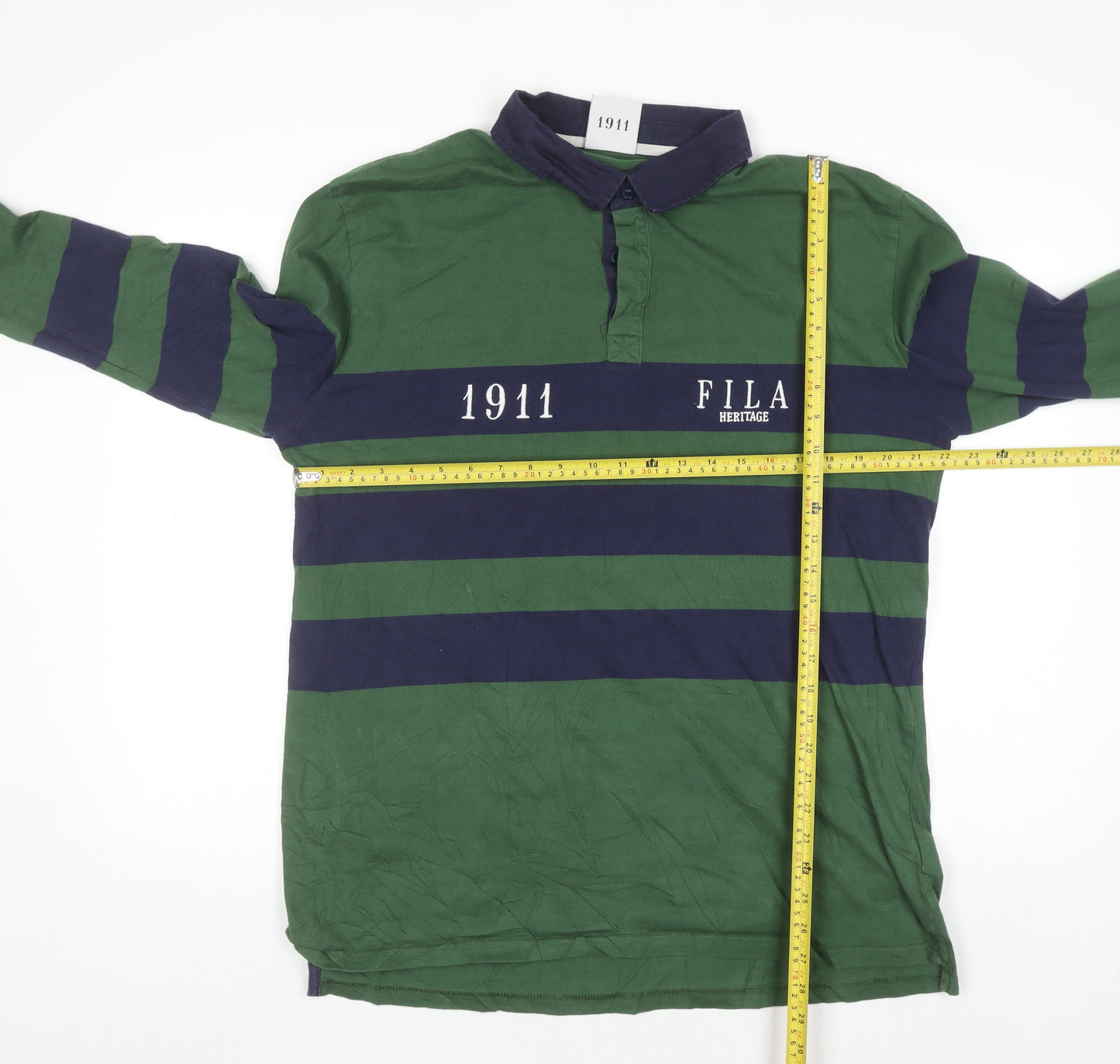 Fila Heritage Men's Green Striped Long Sleeve Polo Shirt XL
