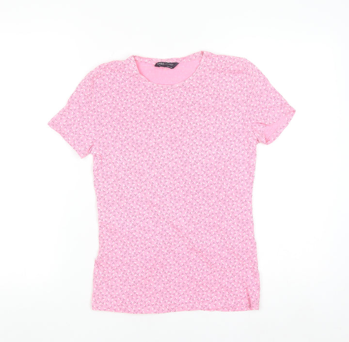 Marks and Spencer Women's Pink Floral Cotton Stretch T-Shirt Size 8