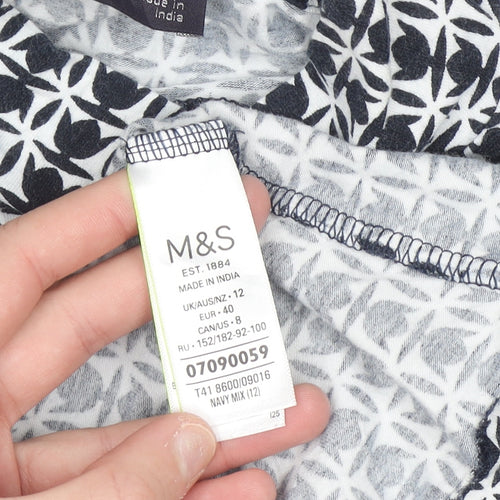 Marks and Spencer Women's Blue Geometric Roll Neck Long Sleeve T-Shirt Size 12