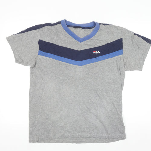 FILA Men's Grey V-Neck Colourblock Sports T-Shirt Size L