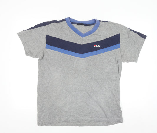 FILA Men's Grey V-Neck Colourblock Sports T-Shirt Size L