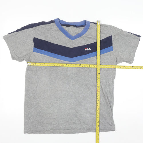FILA Men's Grey V-Neck Colourblock Sports T-Shirt Size L
