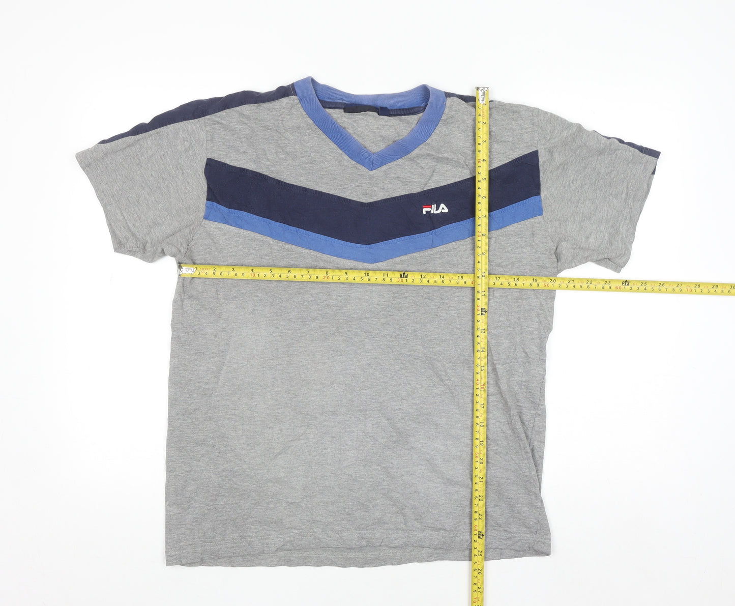 FILA Men's Grey V-Neck Colourblock Sports T-Shirt Size L