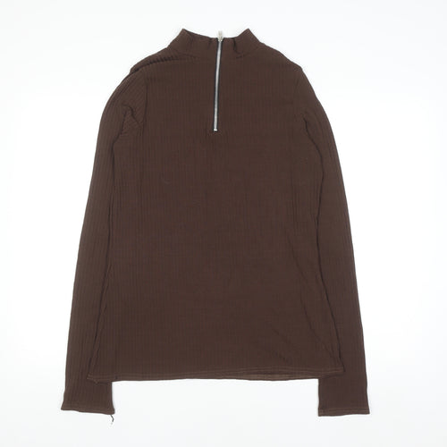 Boohoo Women’s Brown Long Sleeve High Neck Zip Top Size 16