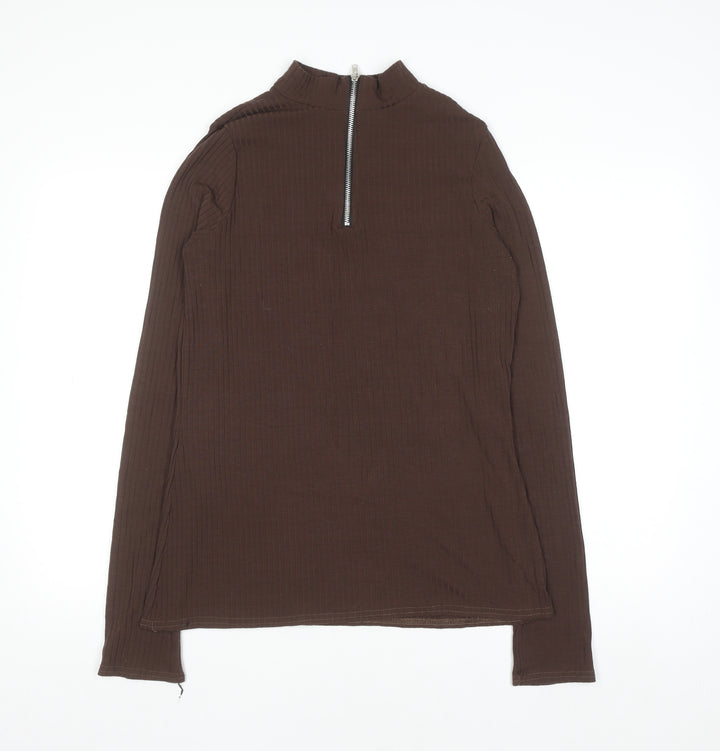 Boohoo Women’s Brown Long Sleeve High Neck Zip Top Size 16