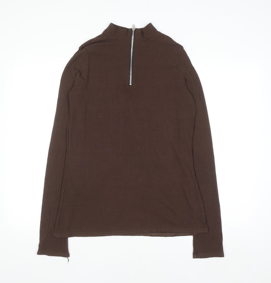 Boohoo Women’s Brown Long Sleeve High Neck Zip Top Size 16