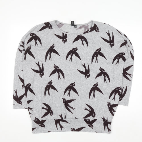 Izabel London Womens Grey Bird Print Relaxed Fit Pullover Jumper Size 10