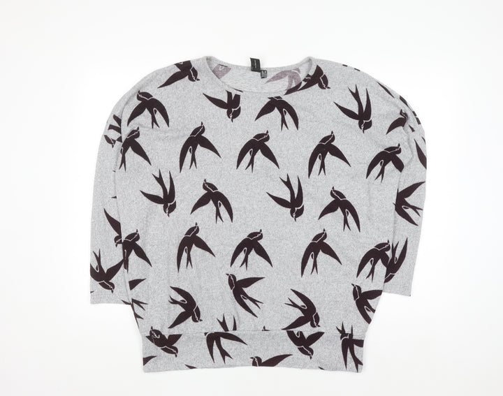 Izabel London Womens Grey Bird Print Relaxed Fit Pullover Jumper Size 10