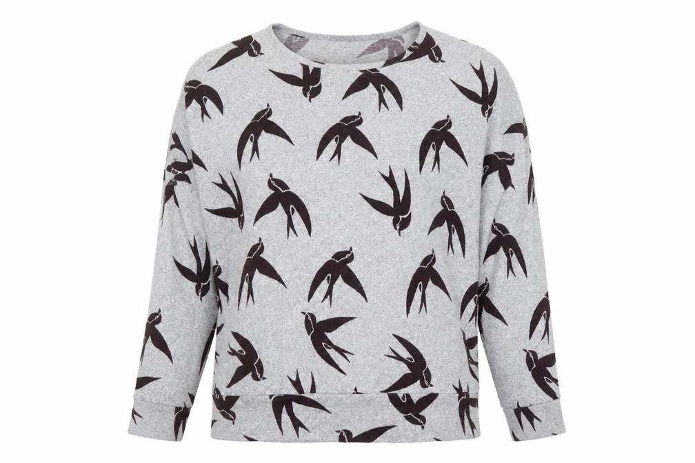 Front view of Izabel London women’s grey bird print relaxed fit jumper, size UK 10