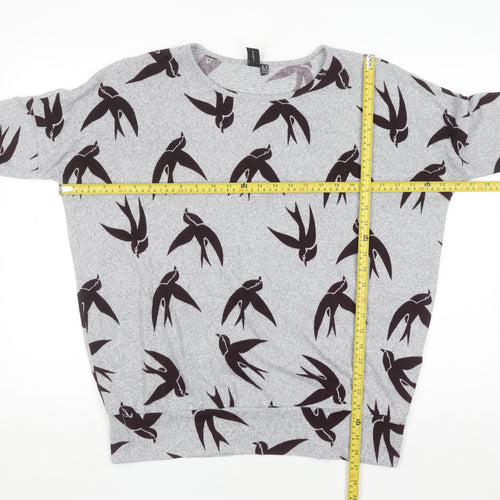 Izabel London Womens Grey Bird Print Relaxed Fit Pullover Jumper Size 10