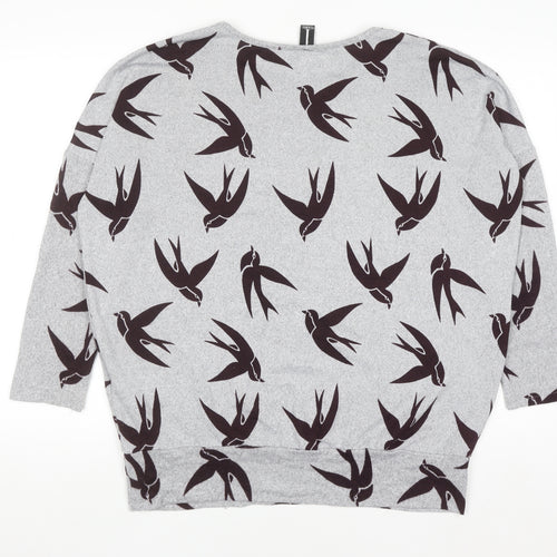 Izabel London Womens Grey Bird Print Relaxed Fit Pullover Jumper Size 10