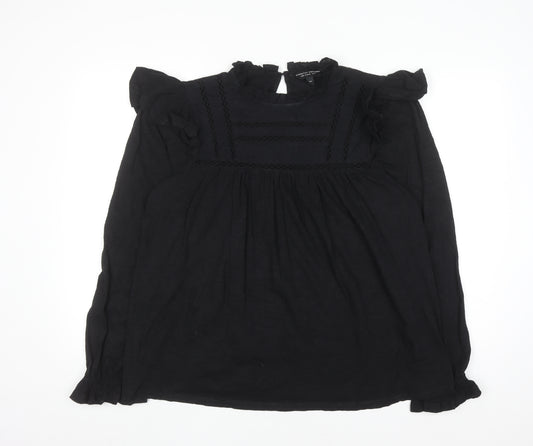 Dorothy Perkins Women Black Long Sleeve Ruffle High Neck Cotton Blouse Size 18