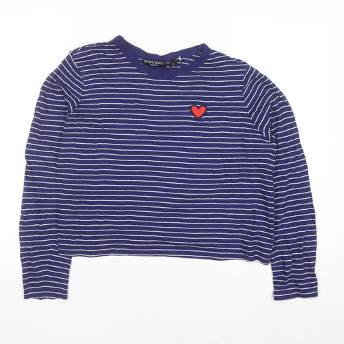 Brave Soul Women’s Blue Striped Cropped Long Sleeve Cotton T-Shirt Size L