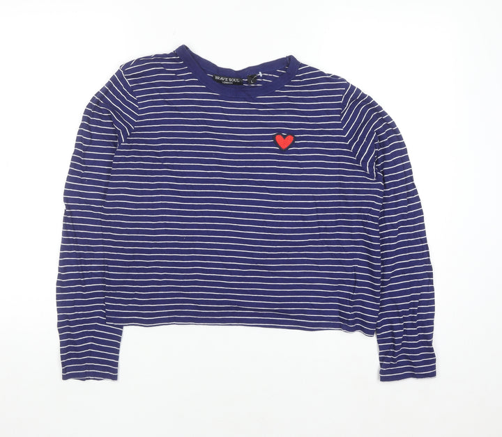 Brave Soul Women’s Blue Striped Cropped Long Sleeve Cotton T-Shirt Size L