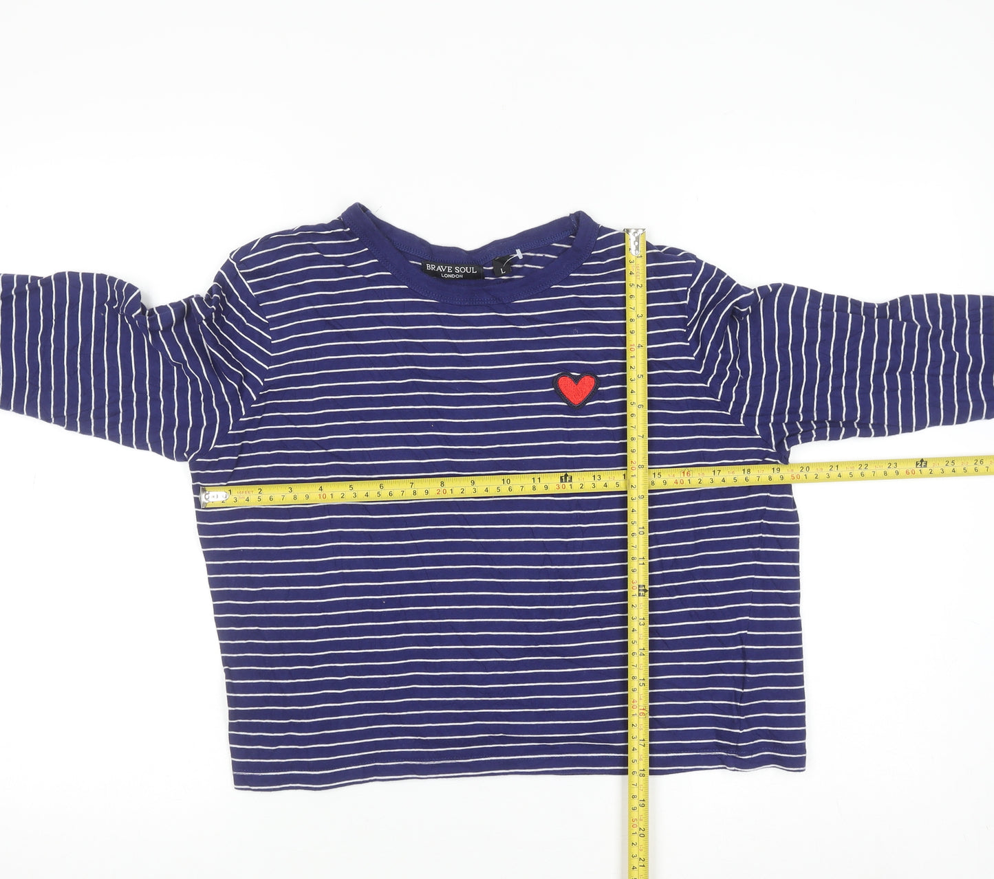 Brave Soul Women’s Blue Striped Cropped Long Sleeve Cotton T-Shirt Size L
