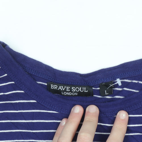 Brave Soul Women’s Blue Striped Cropped Long Sleeve Cotton T-Shirt Size L