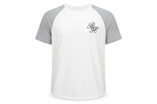 Front view of Beck & Hersey men’s white grey xl raglan cotton t-shirt