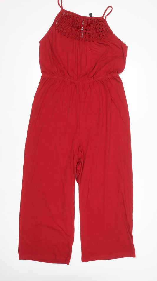 Next Women's Red Crochet Neck Sleeveless Wide-Leg Jumpsuit Size 16