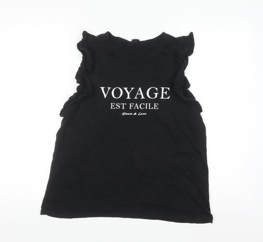 River Island Women's Black Ruffle Sleeveless Cotton T-Shirt Size 16
