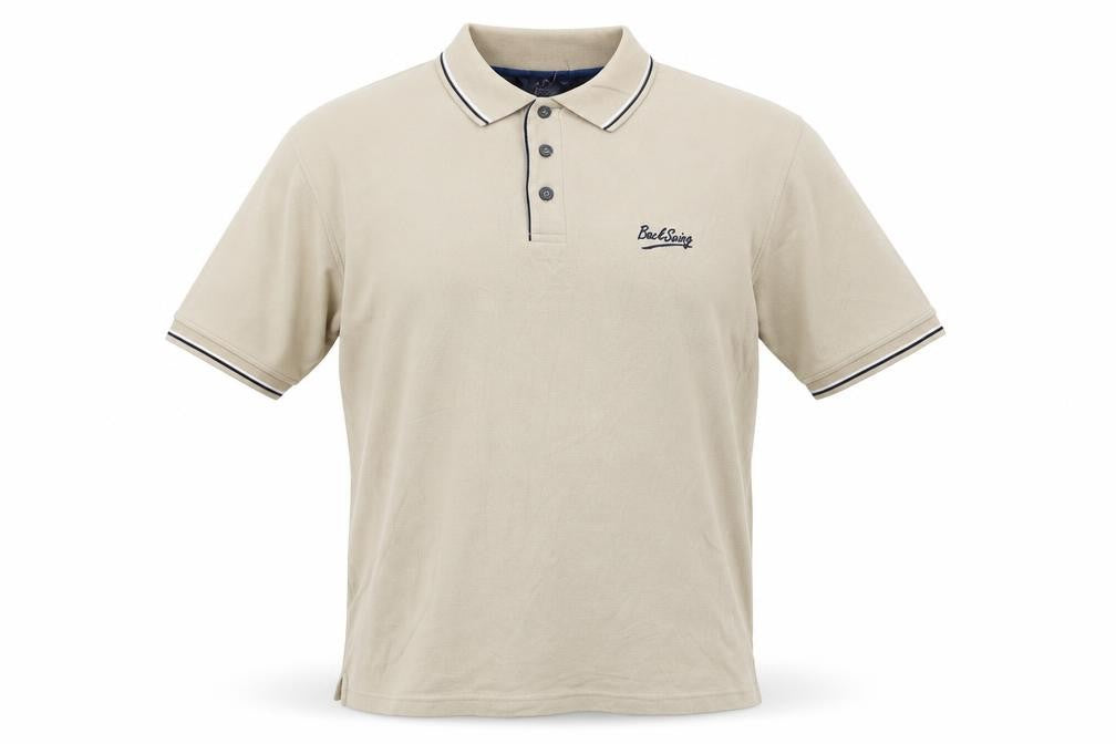Front view of Backswing Men's Beige Cotton Blend Golf Polo Shirt, size L