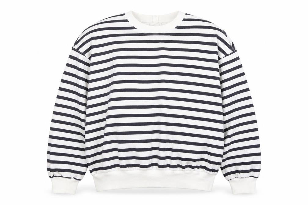 Front view of H&M Women's Navy White Striped Pullover Sweatshirt, size 12, Cotton Blend