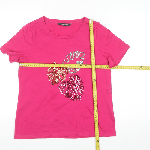 Bonmarché Womens Pink Sequin Floral Short Sleeve T-Shirt Size 12