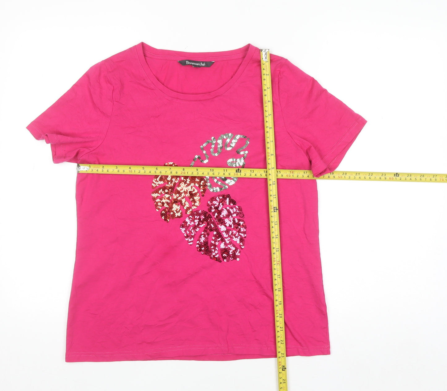 Bonmarché Womens Pink Sequin Floral Short Sleeve T-Shirt Size 12