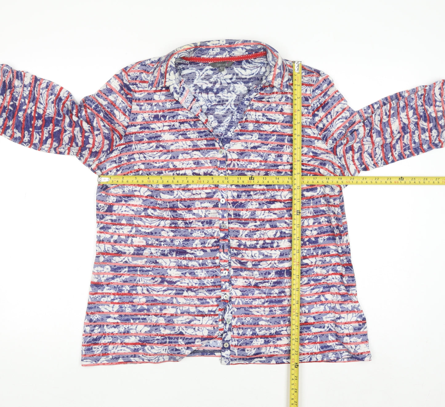 Marks and Spencer Per Una Women's Blue Stripe Floral Button-Up Shirt Size 18