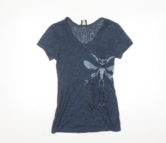 Warner Bros Women Blue Fairy Graphic V-Neck T-Shirt XL Cotton Blend