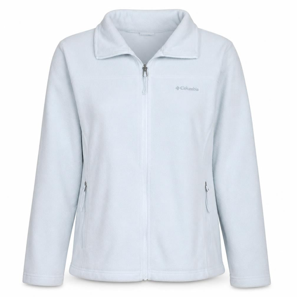 Front view of Columbia women’s white fleece full zip jacket, size L