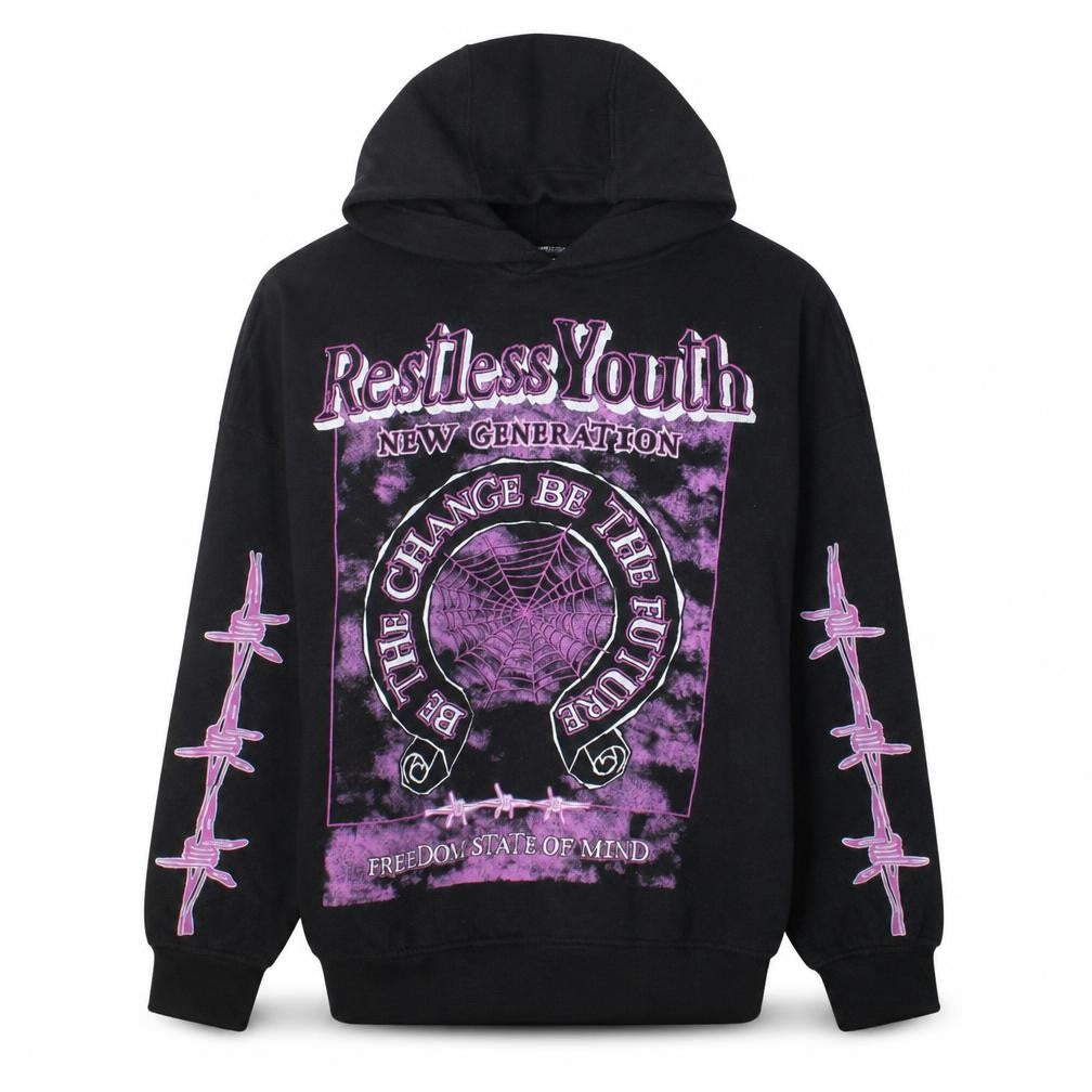 Front view of H&M Divided Women’s Black Purple Graphic Pullover Hoodie, size S