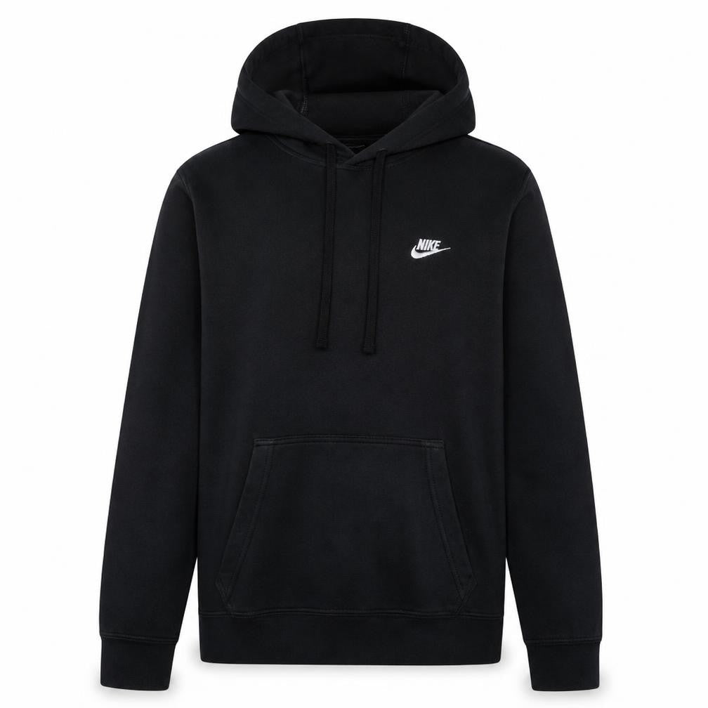 Front view of Nike Men's Black Pullover Hoodie, size S, Logo Fleece Sweatshirt