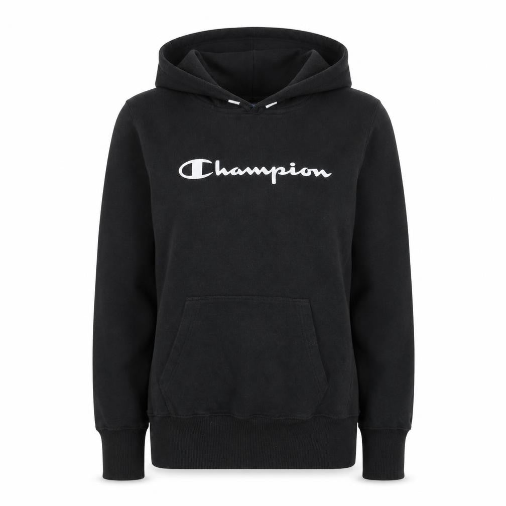 Front view of Champion women’s black large pullover hoodie sweatshirt