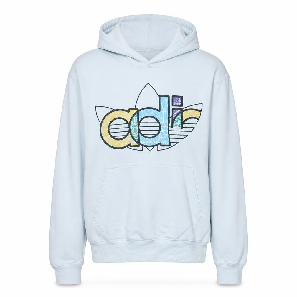 Front view of Adidas women’s white pullover hoodie medium hooded sweatshirt with logo print