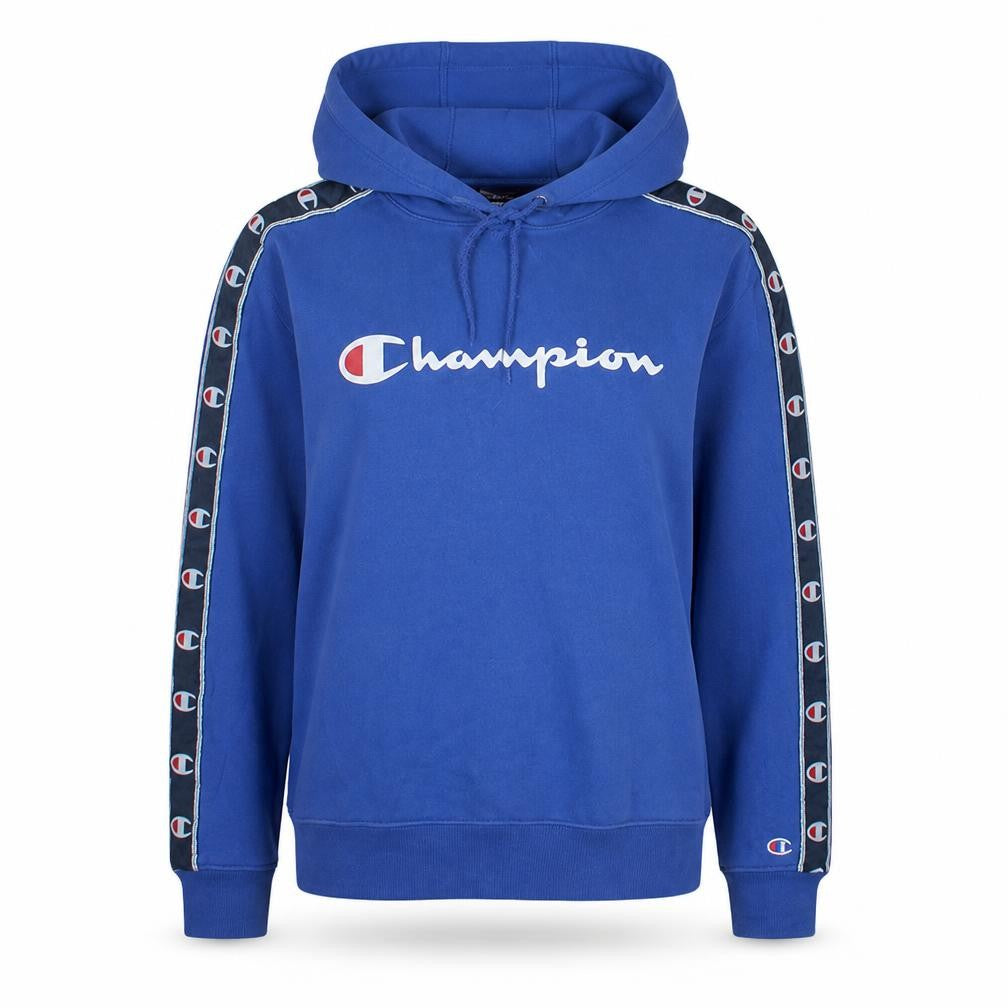 Front view of Champion women’s blue xs pullover hoodie logo taped sleeves
