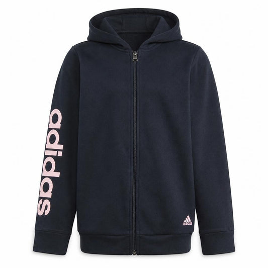 Front view of Adidas women’s black full zip hoodie fleece, size L, with pink logo