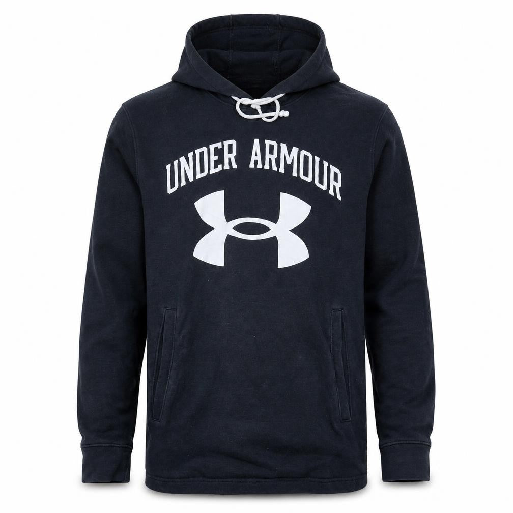 Front view of Under Armour Men's Black Pullover Hoodie Medium Relaxed Fit Sportswear